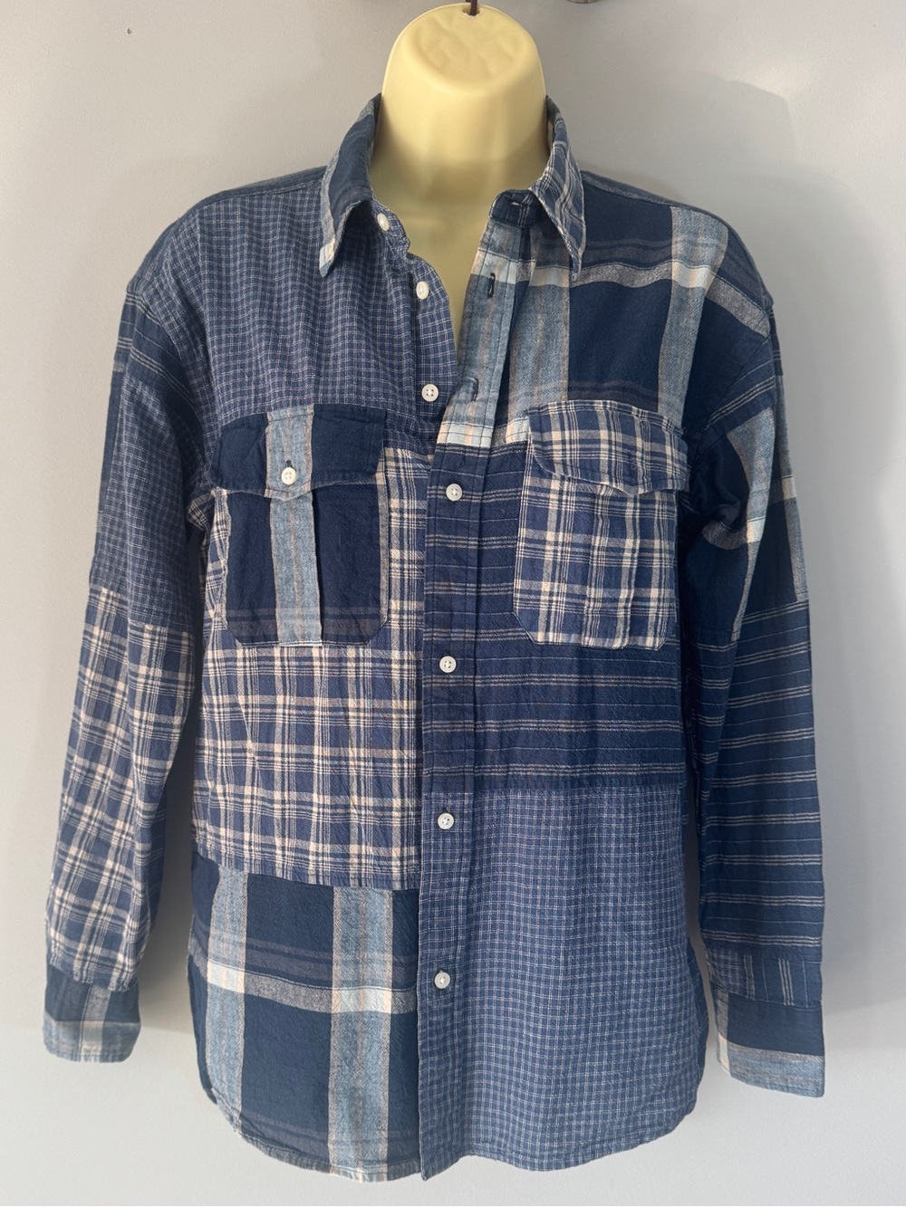 Lauren Ralph Lauren Indigo Patchwork Plaid Linen-Blend Button Down Shirt Small - Picture 2 of 14